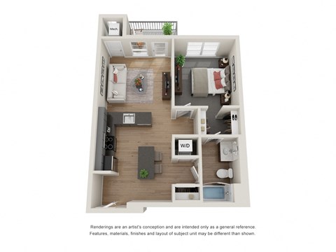 Floor plan for 1 bed, 1 bath, 670 sqft